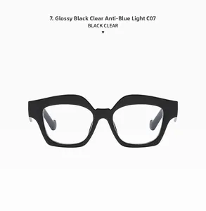 Close-up of bright black square frame glasses with anti-blue light clear lenses, model C07