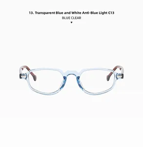 Détail de la monture hexagonale bleu clair transparent avec verres anti-lumière bleue