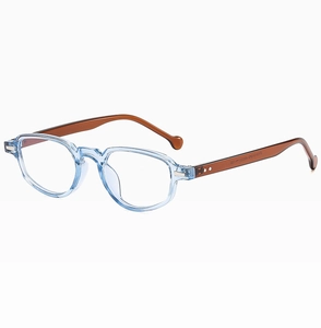 Détail de la monture ovale bleue transparente avec branches marron écaille