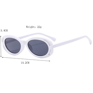 Lunettes de soleil ovales blanches avec verres foncés et dimensions détaillées