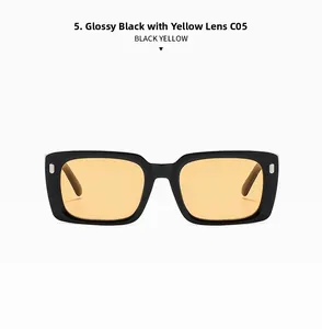 Detailansicht der quadratischen schwarzen Sonnenbrille mit gelben Gläsern, Modell C05
