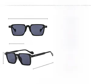 Detailed size chart for square sunglasses with PC frame and AC lens showing dimensions