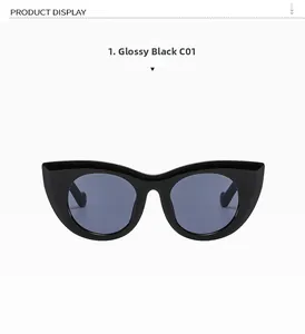 Front view of stylish black cat eye sunglasses with glossy frame and dark lenses