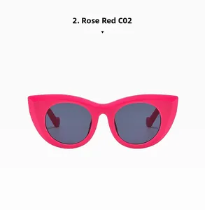Detailed front view of rose red cat-eye sunglasses with thick frames and dark lenses