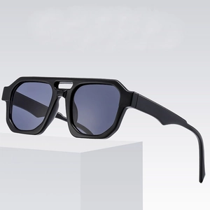 Oversized punk style black square sunglasses with a double bridge and thick frames