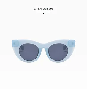 Detail of cat-eye sunglasses with jelly blue frames and gray polarized lenses