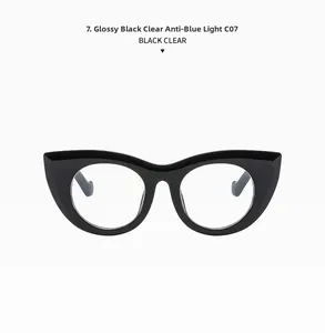 Detail view of glossy black cat-eye glasses frame with anti-blue light clear lenses C07