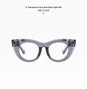 Detail view of transparent grey cat eye sunglasses with anti-blue light clear lenses