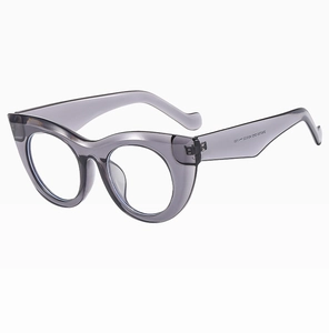 Detail view of model SN3120 cat eye sunglasses with translucent purple frame and specs