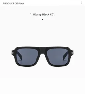 Détail de lunettes de soleil carrées noir brillant avec charnières en métal argenté