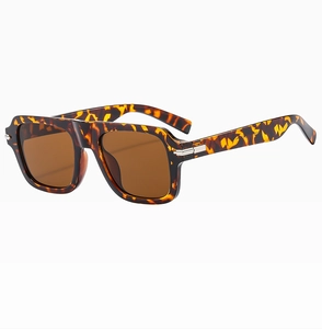 Détail de lunettes de soleil carrées en écaille avec verres bruns et accents argentés