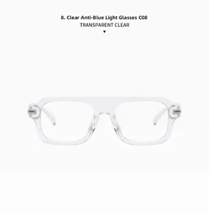 Détail de la monture carrée transparente avec des verres anti-lumière bleue