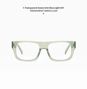 Detailansicht der transparenten grünen quadratischen Brille mit Blaulichtfilter-Gläsern