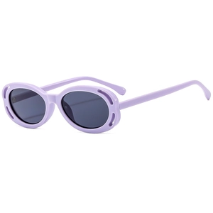 Oval lavender purple sunglasses with hollow frame design and dark grey lenses for women