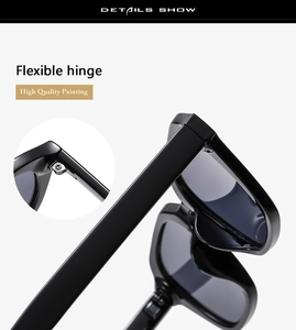 Detail view of high quality painting frame and flexible hinges on black square sunglasses