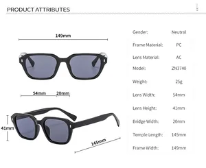 Detailed size chart showing dimensions and specifications for square black sunglasses