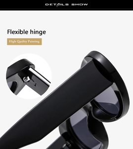 Detail shot of the flexible hinge and high quality painting on black oval sunglasses
