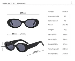 Detailed size chart for oval sunglasses with PC frame and AC lens specifications
