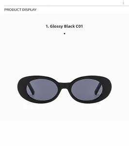 Detail view of oval retro sunglasses in bright black frame with C01 model number