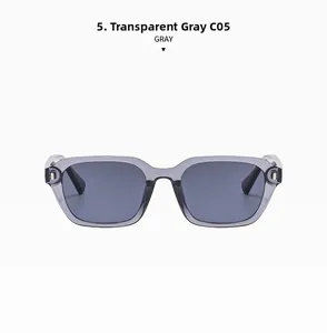 Detailed front view of transparent grey square frame sunglasses with metal accents