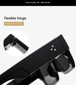 Detail of flexible hinge and triple rivet design on black thick rectangular sunglasses