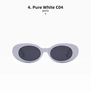 Detail view of solid white retro oval sunglasses with dark lenses for men and women