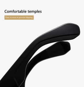 Detail of ergonomic curved temples on square sunglasses for non-slip comfort and secure fit