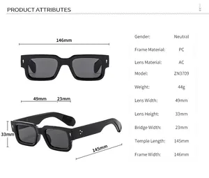 Detailed size guide for square frame PC sunglasses with dimensions and technical specifications