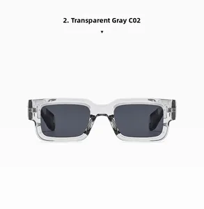 Detailed front view of transparent grey rectangular sunglasses frame C02 with UV lenses