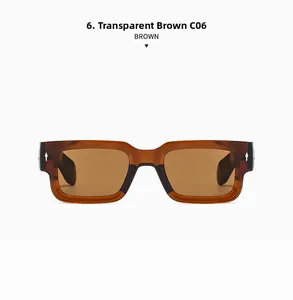 Front view of transparent brown vintage rectangular sunglasses with silver arrow rivets