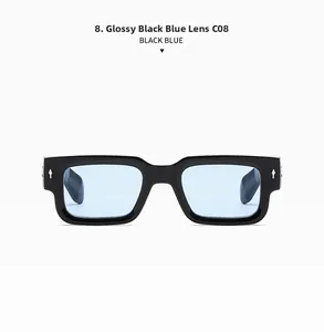 Detail of black acetate frame sunglasses with blue lenses and silver arrow metal rivets