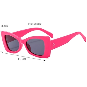 Bright pink butterfly rectangle sunglasses with UV protection and size dimensions