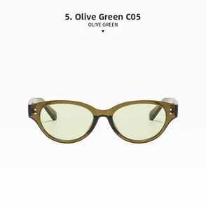 Detailed front view of olive green cat eye sunglasses with double rivet accents