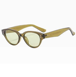 Detail of olive green cat-eye sunglasses frame with silver studs and 53-18-145 size marks