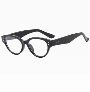 Detailed side view of black cat-eye frames with stylish double silver metal dot accents
