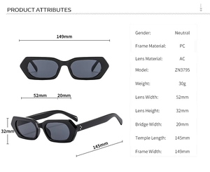 Tableau des dimensions détaillées pour lunettes de soleil noires avec mesures de monture
