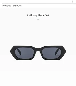 Détail des lunettes de soleil rectangulaires hexagonales noir brillant avec cadre épais