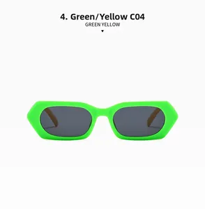 Détail macro de lunettes de soleil carrées vert fluo avec verres gris foncé et marquage C04