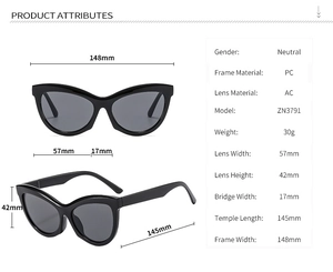 Detaillierte Größenangaben und Struktur der schwarzen Cat-Eye-Sonnenbrille mit Maßen