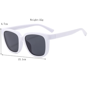 Women's white square oversized sunglasses with dark grey lenses and size specifications
