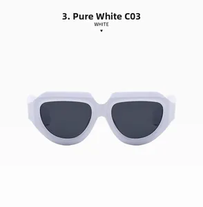 Detail shot of solid white geometric sunglasses with C03 thick frames and dark lenses