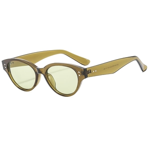 Retro cat-eye sunglasses with transparent olive green frames and light yellow lenses