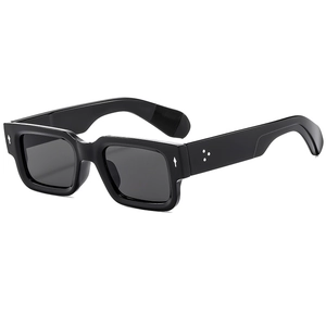 Retro thick black square sunglasses with silver arrow rivets and dark tinted lenses