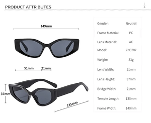 Detailed technical specifications and dimensions for black cat eye sunglasses