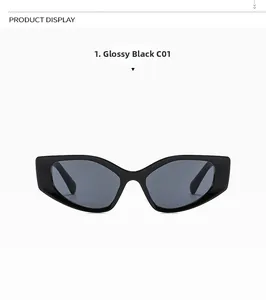 Detail of glossy black cat-eye sunglasses model C01 with thick frames and grey lenses