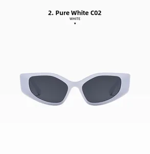 Detail view of stylish white thick-frame cat-eye sunglasses with dark UV lenses