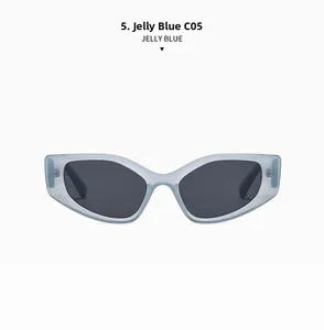 Front view of jelly blue cat-eye sunglasses with grey UV protection lenses and metal hinges