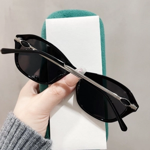 Detailansicht der Cat-Eye-Sonnenbrille mit silbernen Bügeln und grünem Samt-Aufbewahrungsetui
