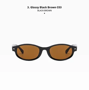Lunettes de soleil ovales noir brillant avec verres bruns et rivets argentés, style C03