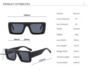 Detailed dimension guide for black vintage rectangle sunglasses showing frame measurements